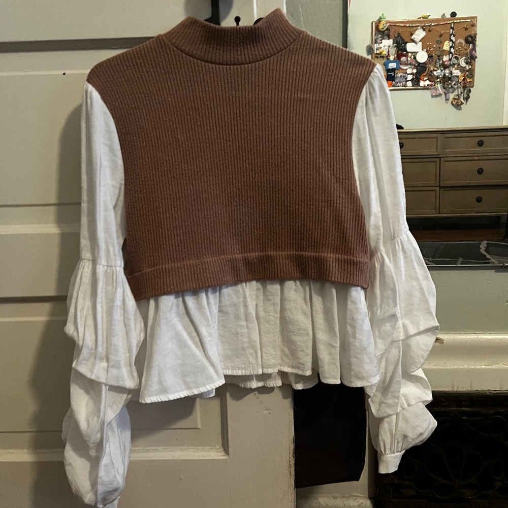 Anthropologie Ribbed Sweater Vest and Ruffled Blouse - Picture 1 of 4